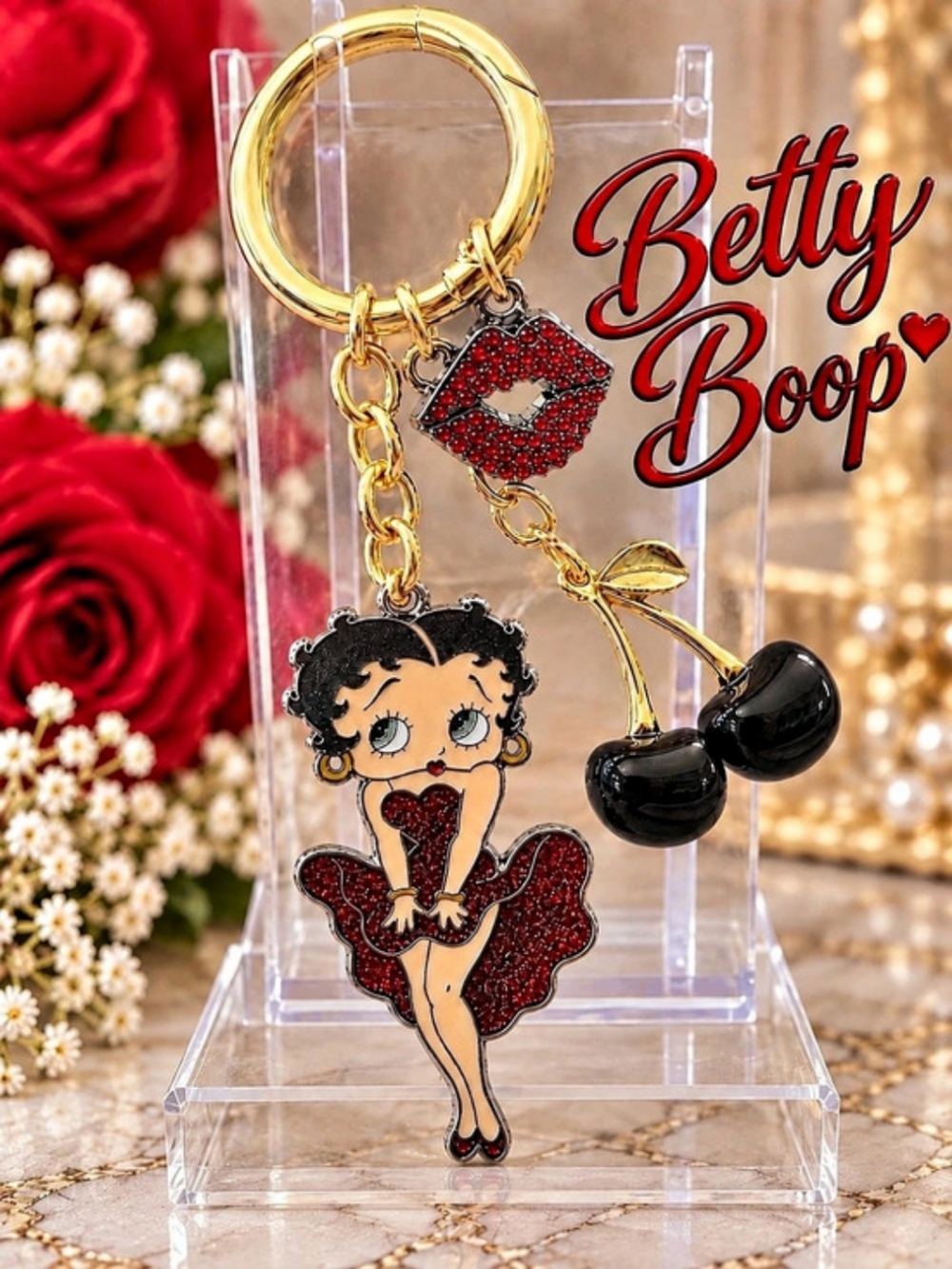 Betty Boop Red Dress Black Cherry Lips Rhinestone Bag Charm Keychain
